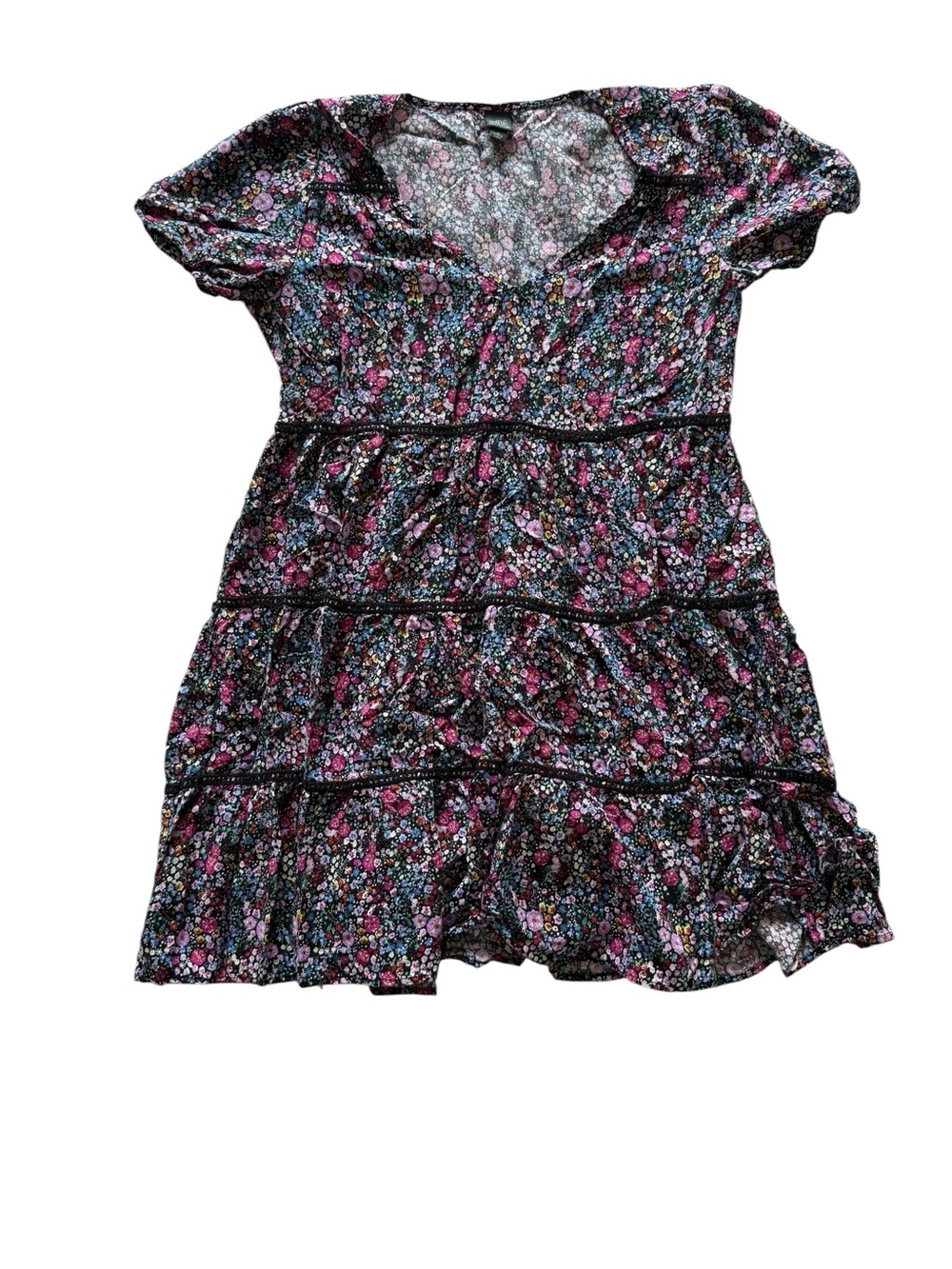 Women’s Black Floral Tiered Dress with Pink Accents